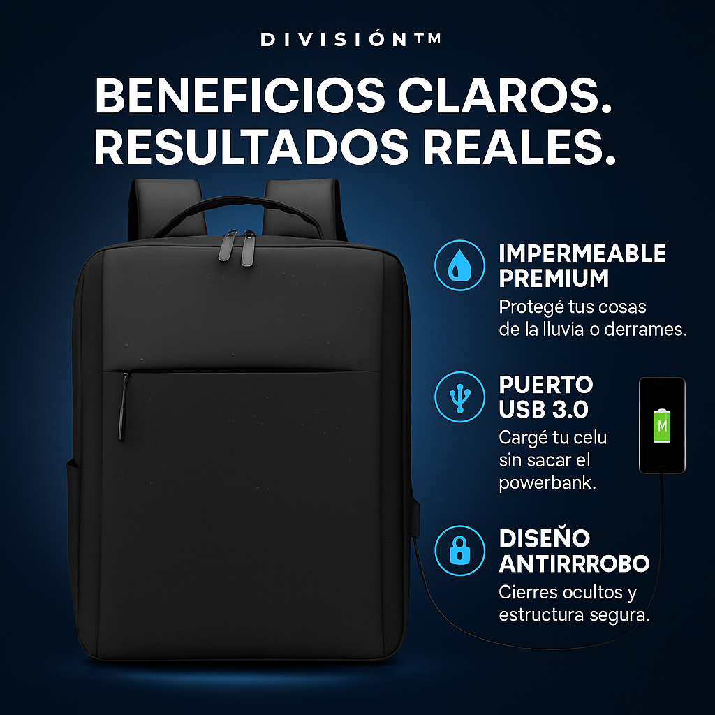 MOCHILA URBANA DIVISIÓN™ – CARGA USB Y IMPERMEABLE (-50%OFF + ENVÍO GRATIS)