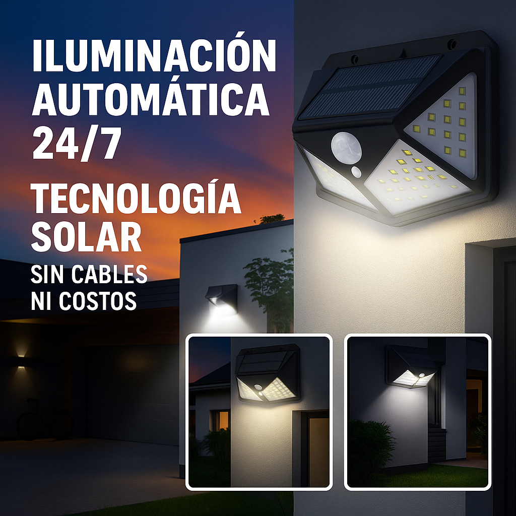 Reflector Solar Inteligente 100 LED con Sensor de Movimiento | Iluminación Automática, Impermeable y sin Cables