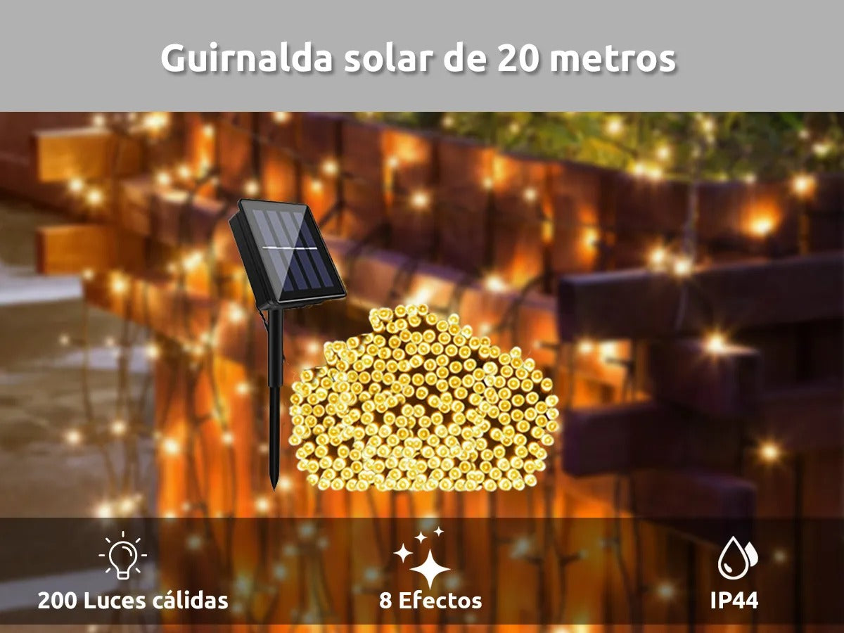 Luces Navidad Exterior Solares Guirnalda Led 20m Impermeable 200 Luces Cálidas