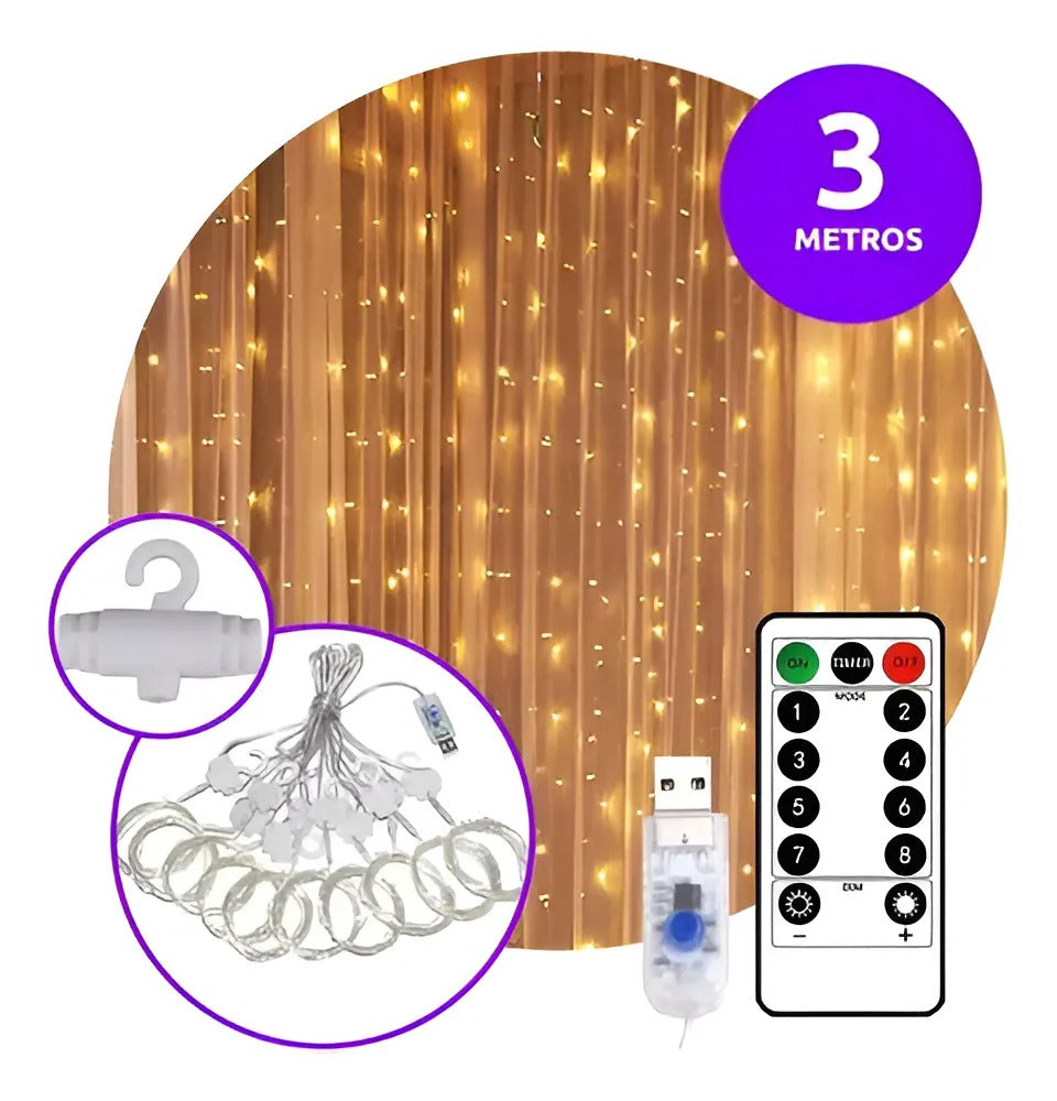 Cortina De Luces Led Navidad 3 X 3 Metros Calida 300 Led Control Remoto Y Usb Lluvia Tiras 8 Modos De Iluminación Decorativa Interior Y Exterior Decoración Fiestas, Casamientos, Fácil De Instalar.