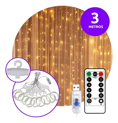 Cortina De Luces Led Navidad 3 X 3 Metros Calida 300 Led Control Remoto Y Usb Lluvia Tiras 8 Modos De Iluminación Decorativa Interior Y Exterior Decoración Fiestas, Casamientos, Fácil De Instalar.