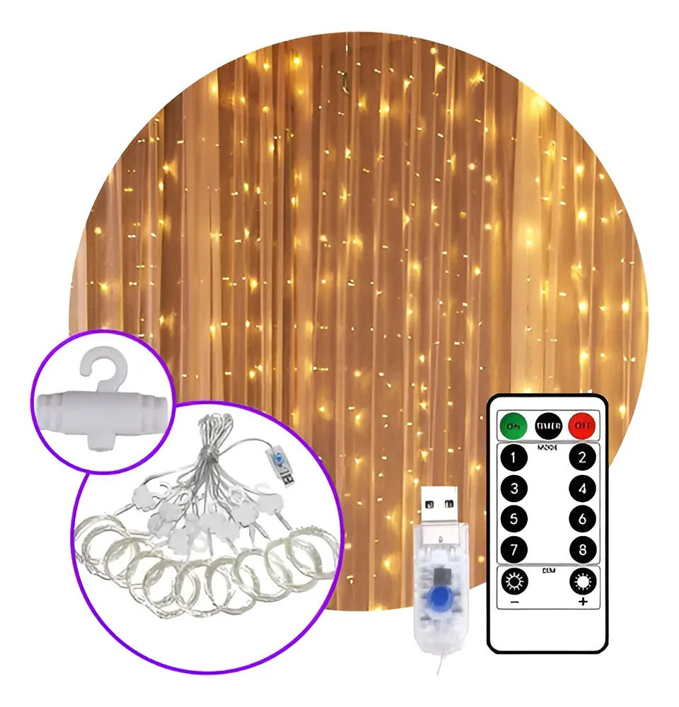 Cortina De Luces Led Navidad 3 X 3 Metros Calida 300 Led Control Remoto Y Usb Lluvia Tiras 8 Modos De Iluminación Decorativa Interior Y Exterior Decoración Fiestas, Casamientos, Fácil De Instalar.