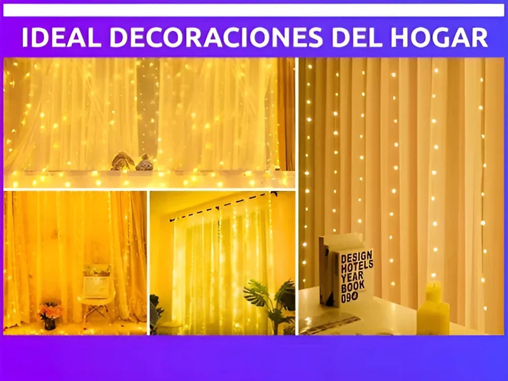 Cortina De Luces Led Navidad 3 X 3 Metros Calida 300 Led Control Remoto Y Usb Lluvia Tiras 8 Modos De Iluminación Decorativa Interior Y Exterior Decoración Fiestas, Casamientos, Fácil De Instalar.