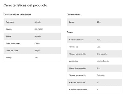 Luces Navidad Exterior Solares Guirnalda Led 20m Impermeable 200 Luces Cálidas